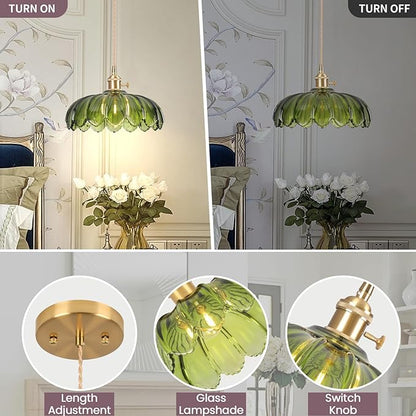 Pendant Lights Kitchen Island,Green Glass Vintage Light Fixtures,9.8inch E26 Adjustable Hanging Light Flower Finish Ceiling Hanging Lamp for Bedroom Living Room Hallway 1 Light