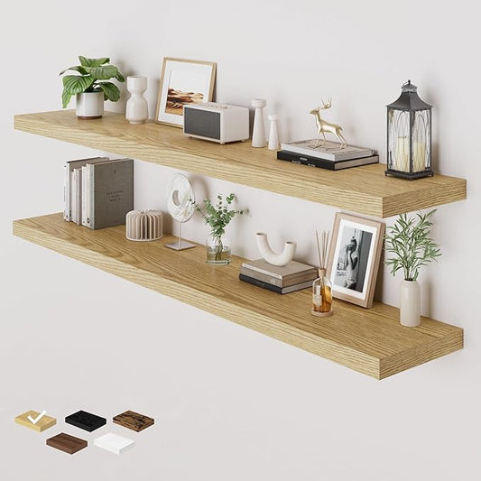 RICHFOCUS Deep Floating Shelves for Wall 2 Pack 12" D 36 Inch Wall Shelves for Room Wall|Wood Hanging Shelf with Invisible Brackets for Bathroom Bedroom Kitchen Laundry Room, Oak
