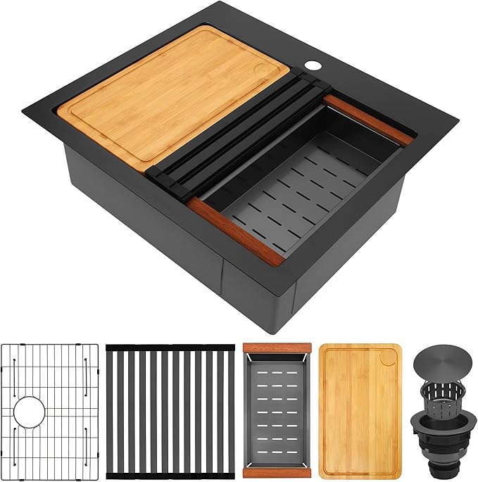 25 Inch Drop In Black Kitchen Sink,16 Gauge 304 Stainless Steel Kitchen Sink Single Bowl, 25" x 22" x 9" Ledge Workstation Sinks With All Accessories, Multi-Functional Workstation Sinks