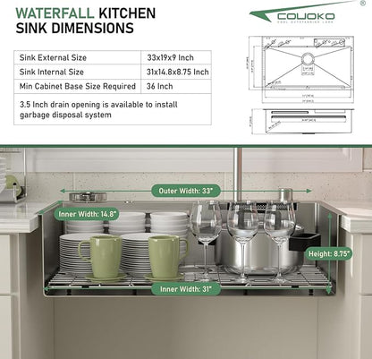 33 Inch Drop In Waterfall Kitchen Sink Workstation Smart 16 Gauge Stainless Steel Single Bowl Waterfall Sinks with Faucet Combo and Cup Washer Set