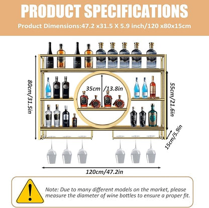 Metal Wine Rack Wall Mounted with LED Light, 3-Tier Bar Liquor Shelf with Wine Glass Holder, Modern Large Capacity Liquor Bottle Display Storage Shelf for Home Bar, Dining Room(Gold, 120 * 80 * 15)