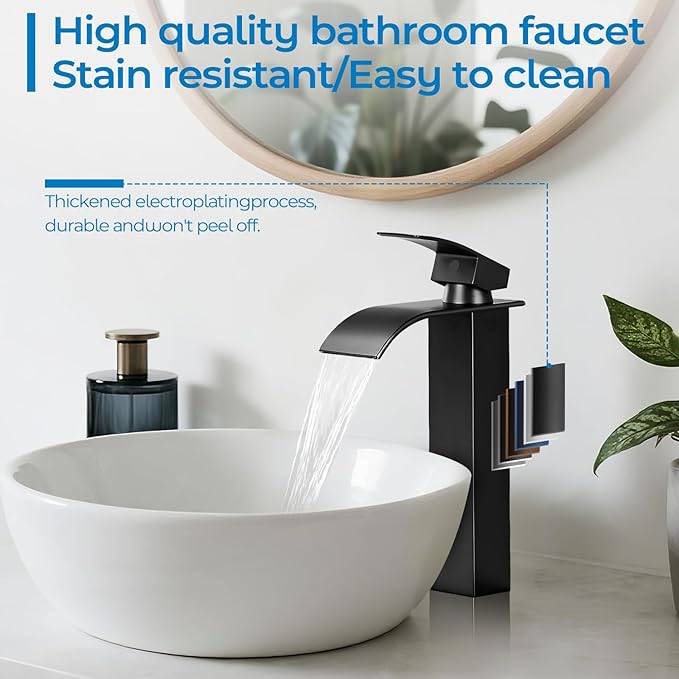 Black Bathroom Faucets, Tall Waterfall Bathroom Sink Faucet Modern Single Handle Bathroom Faucte 1 Hole, Tall Spout Vessel Faucet Mixer Tap Washbasin Faucet with Pop-up Drain, Supply Hoses