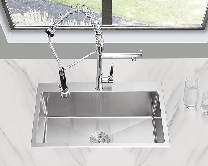 MENATT 28 Inch Drop-in Kitchen Sink, 304 Stainless Steel Topmount Handmade Kitchen Sink, Single Bowl Workstation Sink with Drain Kit (Brushed), 28"x18"x9"