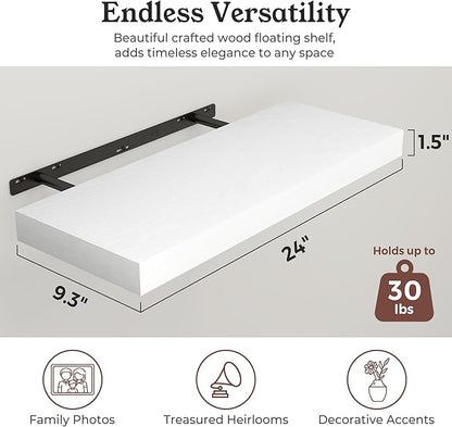 Floating Shelves for Wall, 9.3" Deep Wall Mounted Wood Shelves for Bathroom, Bedroom, Living Room, Kitchen, Hanging Shelf for Books/Storage/Room Decor (White, 24")