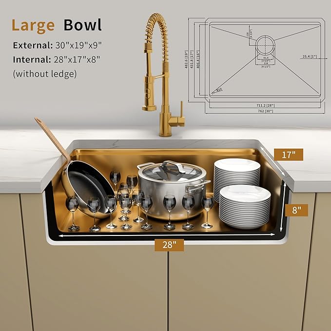 30 Inch Undermount Gold Kitchen Sink,16 Gauge Stainless Steel Kitchen Sink Single Bowl, 30"x19"x9" Ledge Workstation Sinks With All Accessories, Multi-Functional Workstation Sinks