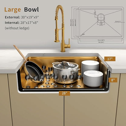 30 Inch Undermount Gold Kitchen Sink,16 Gauge Stainless Steel Kitchen Sink Single Bowl, 30"x19"x9" Ledge Workstation Sinks With All Accessories, Multi-Functional Workstation Sinks
