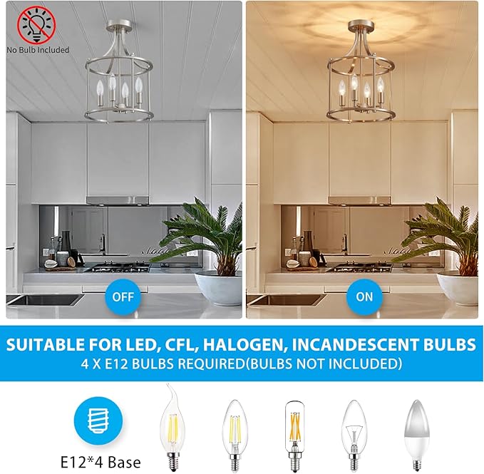 XINGQI Brushed Nickel Semi Flush Mount Ceiling Light Fixture Modern 4 Light Round Small Mini Chandelier Cage Ceiling Lights for Entryway Foyer Hallway 12" Geometric Dining Room Chandelier