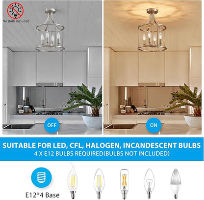 XINGQI Brushed Nickel Semi Flush Mount Ceiling Light Fixture Modern 4 Light Round Small Mini Chandelier Cage Ceiling Lights for Entryway Foyer Hallway 12" Geometric Dining Room Chandelier