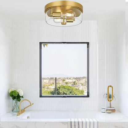 szzgco Flush Mount Ceiling Light Fixtures, 2-Light Gold Ceiling Mount for Farmhouse with Clear Glass Lampshade, Industrial Flush Mount Light Fixture Farmhouse for Hallway, Kitchen, Entryway and Foyer
