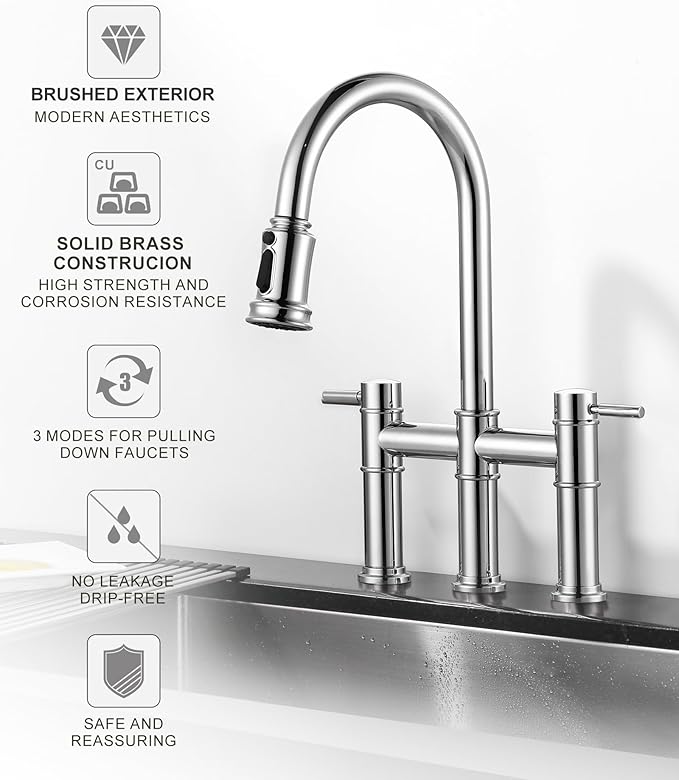 Bridge Faucet for Kitchen Sink: iVIGA Chrome Farmhouse 3 Hole Kitchen Faucet with Pull Down Sprayer (3 Spray Modes) - 2 Handle High Arc Brass Faucet with 360° Swivel, with Supply Lines