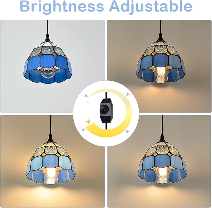 Tiffany Style Plug in Pendant Light Mini Chandelier with 16.4 Ft Hanging Cord and in Line On/Off Dimmer Switch, Vintage Swag Ceiling Lamp for Dining Room, Bedroom or Porch (7.9" in Width)