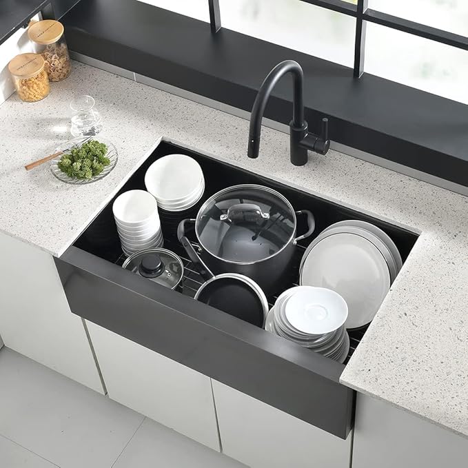 33x20 Black Undermount Farmhouse Sink, Gabhar 33 Inch 16Gauge Black Stainless Steel Undermount Farmhouse Sink Flat Apron Front Kitchen Sinks