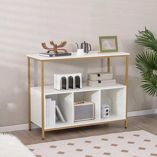Giantex Buffet Sideboard, Wooden Cupboard, Kitchen Pantry w/Spacious Countertop, Large Open Shelf, 3 Cube Storage Cabinet, Sturdy Rustproof Steel Frame, Modern Stationary Island, White & Golden