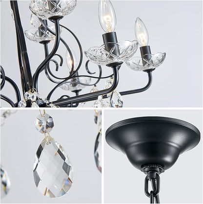 WUZUPS 9-Light Crystal Candle Chandelier Pendant Flushmount Ceiling Light Modern Lighting Fixture for Bedroom Hallway Bar Kitchen Bathroom, H 18.1" x W 25.6", Black, E12 Base