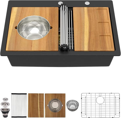 33 Inch Granite Composite Kitchen Sink - 33"x22" Black Drop In Kitchen Sink Ledge Workstation All-In One Matte Black Classic Quartz Topmount Single Bowl Sinks with New-Accessories #TLGT-119