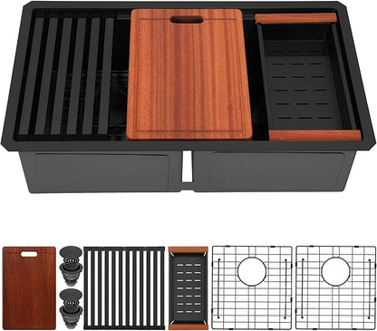 32 Inch Black Sink Undermount Double Bowl, 16 Gauge 50/50 Double Bowl Stainless Steel Workstation Sink, 32"x18"x10" Large and Deep Kitchen Sink With Accessories