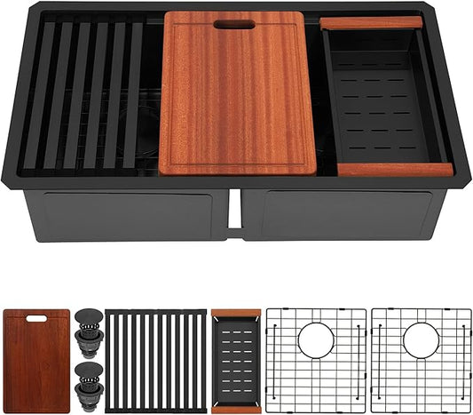 32 Inch Black Sink Undermount Double Bowl, 16 Gauge 50/50 Double Bowl Stainless Steel Workstation Sink, 32"x18"x10" Large and Deep Kitchen Sink With Accessories