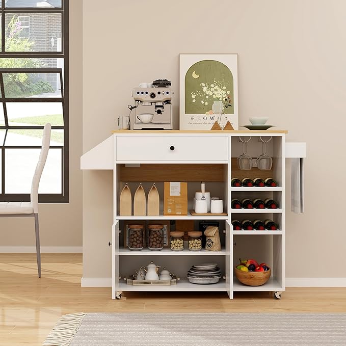 Giantex Rolling Kitchen Island Cart with Drop Leaf, Power Outlet, Spice Rack, 12 Wine Rack, Glass Holder, Drawer, Storage Cabinet, Towel Rack, Island Table for Breakfast Coffee Bar (White & Natural)