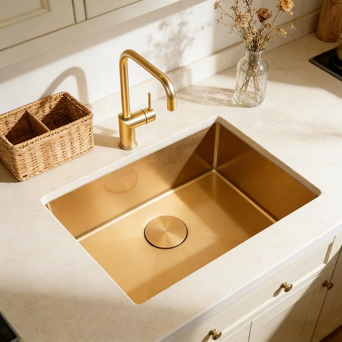 MILOSEN Gold Kitchen Sink, 23x18 inch Gold Undermount Kitchen Sinks, 16 Gauge T304 Stainless Steel Laundry Sinks with Custom Accessories, Deep Single Bowl Utility Sink with Bottom Grid
