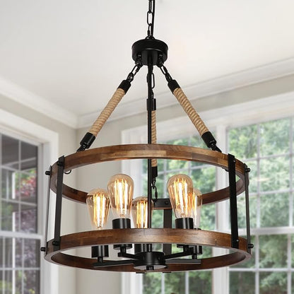 Rustic Wood Chandelier for Dining Room 5-Light, Kitchen Island Industrial Pendant Light Vintage Hanging Dining Room Farmhouse Light Fixtures