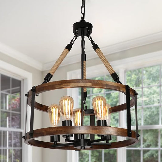 Rustic Wood Chandelier for Dining Room 5-Light, Kitchen Island Industrial Pendant Light Vintage Hanging Dining Room Farmhouse Light Fixtures