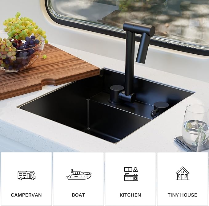 TORVA RV Kitchen Sink, 13 x 15 x 7 Inch Undermount Bar Sink 16 Gauge Stainless Steel Single Bowl Sink with Foldable Faucet Cutting Board, Dark Grey