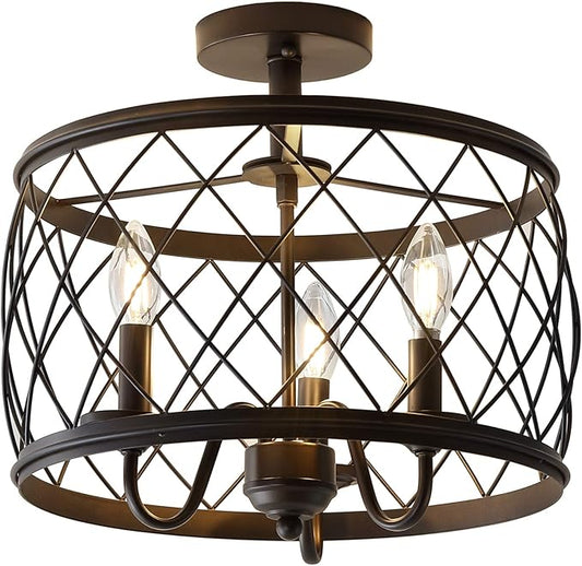 JONATHAN Y 15" Oil Rubbed Bronze LED Semi Flush Mount Ceiling Light, 3-Light Modern Industrial Drum Fixture for Bedroom Living Room Hallway, Gold Metal Cage Shade (JYL9037B)