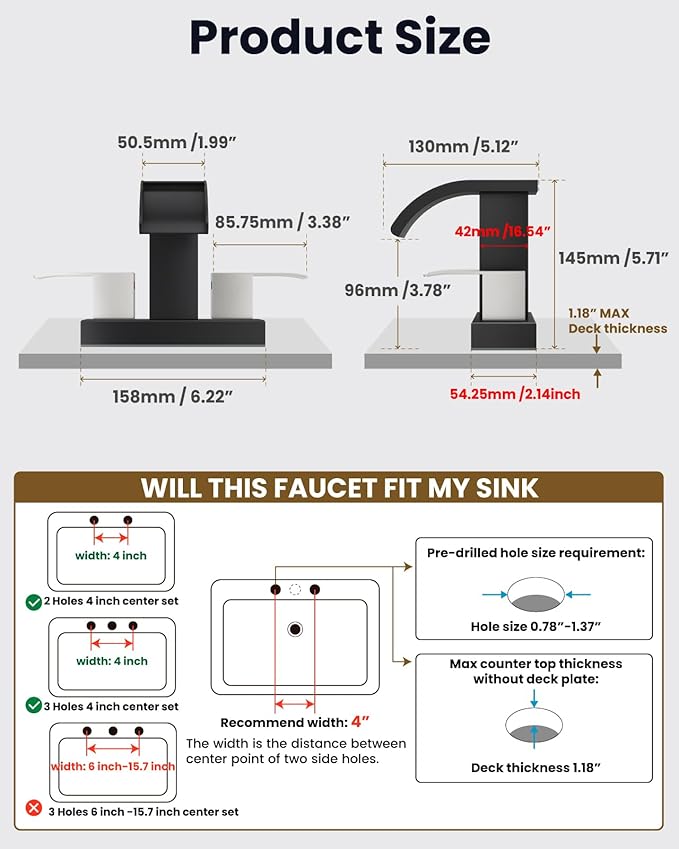 gotonovo Waterfall 4 Inch Centerset Bathroom Sink Faucet 2 Handle Basin Faucets 2 or 3 Hole Deck Mount with Pop Up Drain Included Lavatory Modern Mixer Tap Vanity Faucet Matte Black & Brushed Nickel