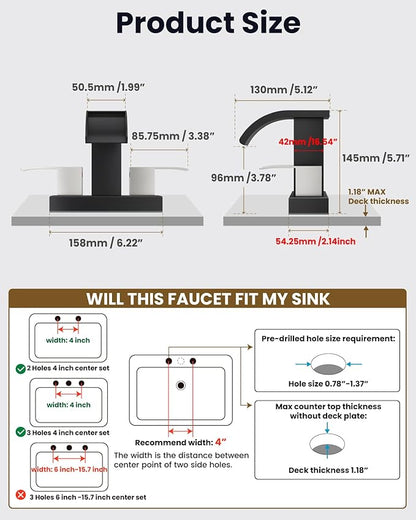 gotonovo Waterfall 4 Inch Centerset Bathroom Sink Faucet 2 Handle Basin Faucets 2 or 3 Hole Deck Mount with Pop Up Drain Included Lavatory Modern Mixer Tap Vanity Faucet Matte Black & Brushed Nickel