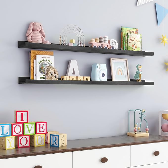 FLYJOE Picture Ledge Shelf, Floating Shelves Set of 2, Solid Ash Wood 48'' Long Large Nursery Book Shelves for Toys Storage, Kids Bookshelf for Living Room Bedroom Decor Books Photo Frames, Black