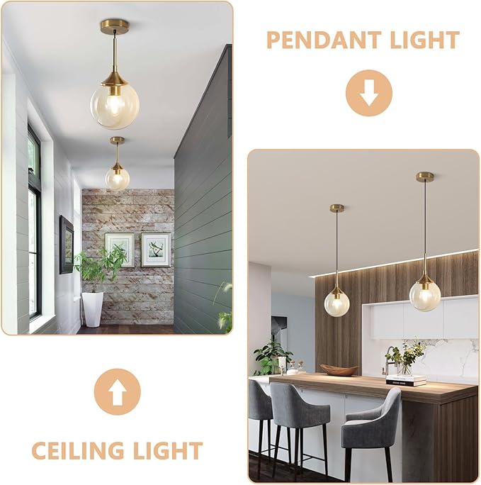 KCO Lighting Mid Century Modern Kitchen Island Pendant Lighting Gold 1-Light Amber Glass Globe Pendant Light Brushed Brass Large Living Room Pendant Light Fixture (2 Pack)