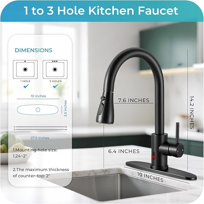 Touchless Kitchen Faucet with Pull Down Sprayer - Matte Black Single Handle Kitchen Faucets, High Arc Stainless Steel Pull Out Kitchen Sink Faucet with Deck for RV Laundry Farmhouse Bar