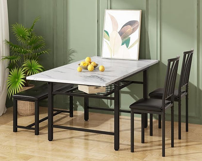 Lamerge 4-Piece Dining Table Set for 3-6 People, 63" Extendable Kitchen Table Set with 1 Bench and 2 Backrest Chairs, Faux Marble Table Square Dining Table Set with Drop Leaf for Small Space