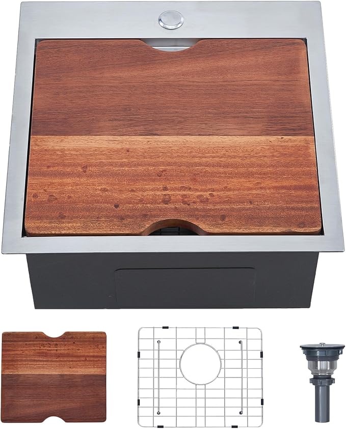 Friho 18 X 18 Inch Drop In Bar Sink, Stainless Steel Small Kitchen Sink, Top Mount Rv Sink Deep Workstation Single Bowl, Outdoor Camper Laundry Wet Bar Prep Sinks With Grid & Drain & Cutting Board