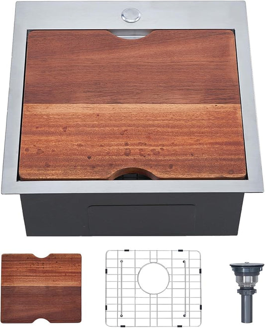 Friho 18 X 18 Inch Drop In Bar Sink, Stainless Steel Small Kitchen Sink, Top Mount Rv Sink Deep Workstation Single Bowl, Outdoor Camper Laundry Wet Bar Prep Sinks With Grid & Drain & Cutting Board