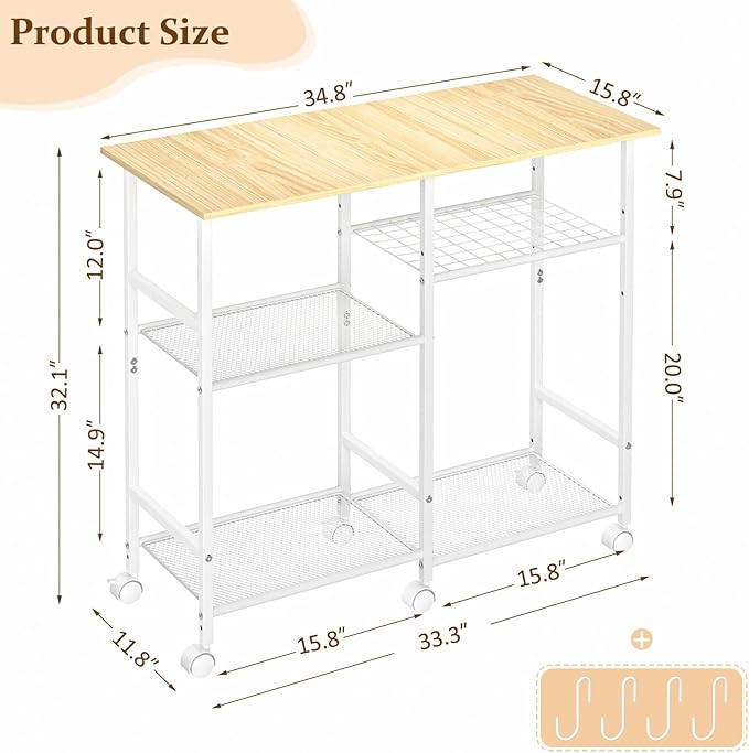 ThreeHio Kitchen Microwave Cart, Microwave Stand with Adjustable Shelf, Coffee Bar Stand Kitchen Baker's Rack with Wheels Rolling Storage Cart Organizer Shelf for Living Room, Office, Balcony