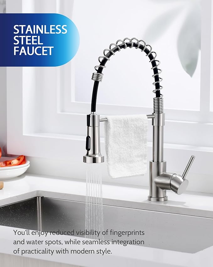 LUFEIDRA Stainless Steel Kitchen Faucet with Sprayer-High Arc Dual Function Brushed Nickel Sink Faucet, Commercial Single Handle One Hole Spring Faucet for RV Farmhouse Camper Laundry Bar Sink