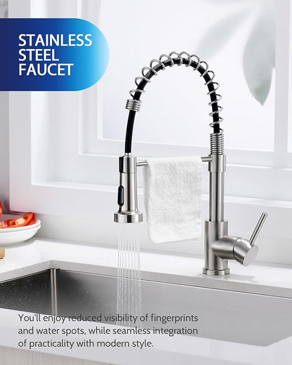 LUFEIDRA Stainless Steel Kitchen Faucet with Sprayer-High Arc Dual Function Brushed Nickel Sink Faucet, Commercial Single Handle One Hole Spring Faucet for RV Farmhouse Camper Laundry Bar Sink