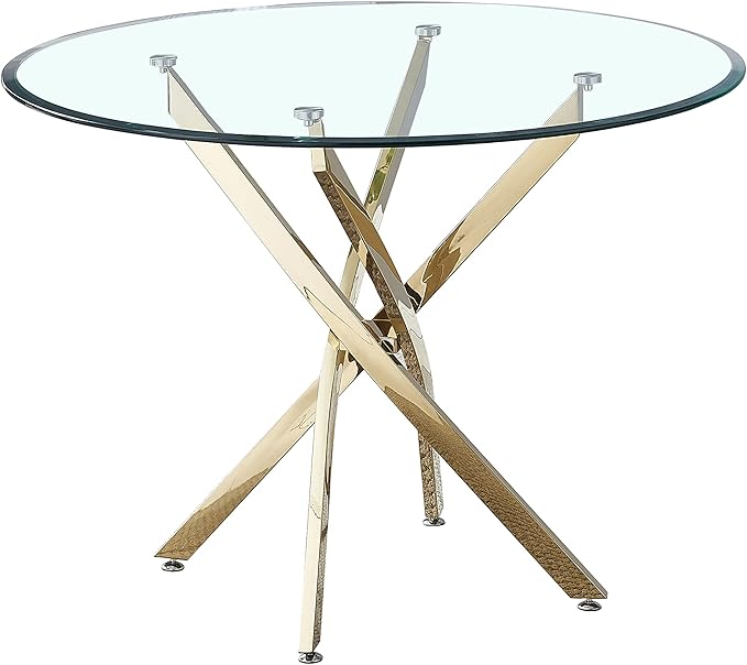Modern Glass Dining Table Round Dining Room Table with Tempered Glass Top, Gold Stainless Steel Base Home Office Kitchen Dining Room Table Furniture, 36" D x 36" W x 30" H