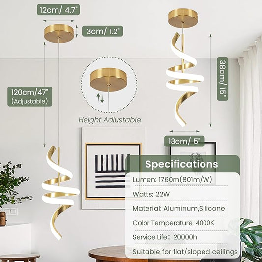 4000K Modern Pendant Light, 15IN Spiral LED Pendant Lights Adjustable Height Black Kitchen Island Fixtures Chandeliers for Dining Room Hanging Lights, 1 Pack (Gold,4000K, Hardwired,2PACKS)
