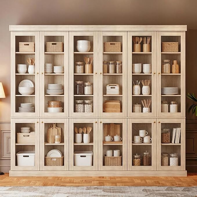 70.8" Farmhouse Kitchen Pantry Cabinet with Glass Doors, Modular Storage Cabinet with 6-Tier Adjustable Shelves, Large Storage Cabinet for Kitchen or Living Room, Set of 3, Brown