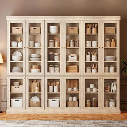 70.8" Farmhouse Kitchen Pantry Cabinet with Glass Doors, Modular Storage Cabinet with 6-Tier Adjustable Shelves, Large Storage Cabinet for Kitchen or Living Room, Set of 3, Brown