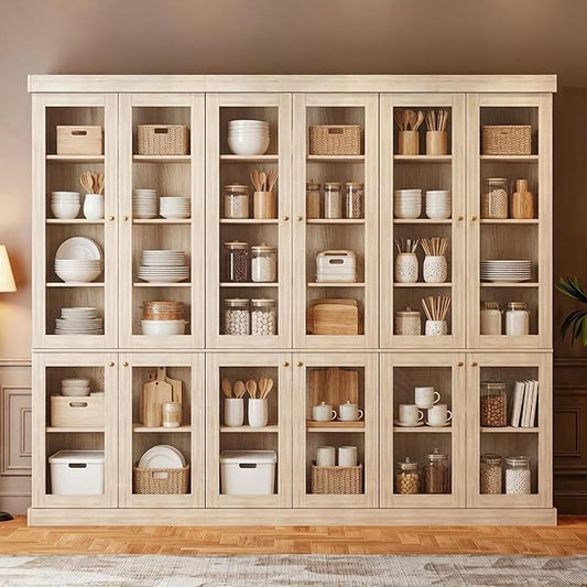 70.8" Farmhouse Kitchen Pantry Cabinet with Glass Doors, Modular Storage Cabinet with 6-Tier Adjustable Shelves, Large Storage Cabinet for Kitchen or Living Room, Set of 3, Brown