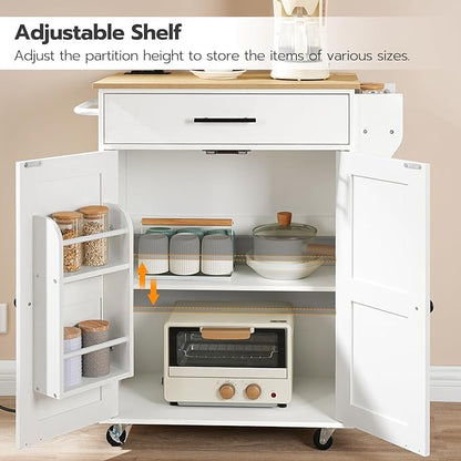 HOOBRO Kitchen Island with Power Outlet, Rolling Kitchen Island with Large Worktop, Kitchen Island Cart with Spice Rack and Drawer, Island Table for Dining Room, White and Natural WN88UZD01