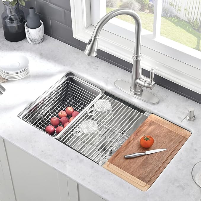 Stainless Kitchen Sink Undermount-VASOYO 33 Inch Undermount Kitchen Sink Workstation Sinks 16 Gauge Stainless Steel Single Bowl Deep Under Mount Sinks with Cutting Board