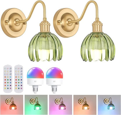 Shenmoyl Vintage Battery Operated Wall Sconce Set of 2, 5000mAh Rechargeable Wall Light, Indoor Battery Powered Wall Lamp for Bedside Bedroom Living Room, Tulip Green