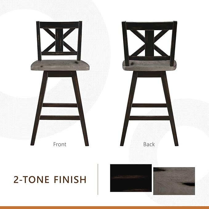 Lexicon Counter Height Stools Set of 2-Solid Wood Frame 360° Swivel Wooden Stools, Foot Rest, X Back, Wide Seat, Distressed Farmhouse Easy to Clean Finish, 24" SH, Antique Black/Grey