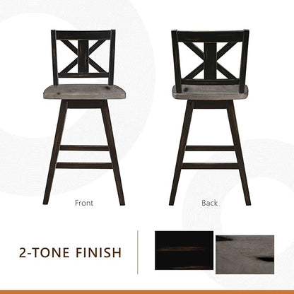 Lexicon Counter Height Stools Set of 2-Solid Wood Frame 360° Swivel Wooden Stools, Foot Rest, X Back, Wide Seat, Distressed Farmhouse Easy to Clean Finish, 24" SH, Antique Black/Grey