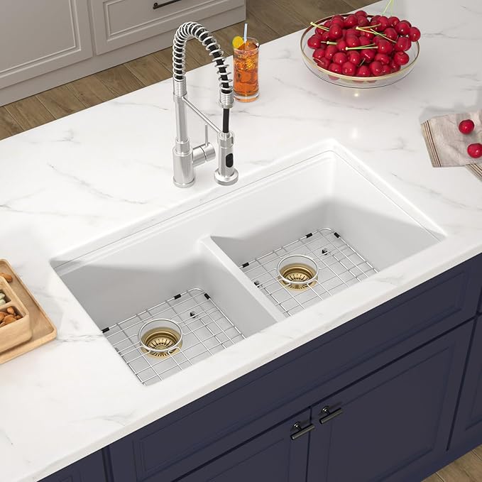 33 Inch Classic White Undermount Granite Composite Kitchen Sink Under Counter Quartz Double Bowl Sink Workstation Sinks with Accessories Quick Drain Noise Reduction Home Renovation Gold Accessories