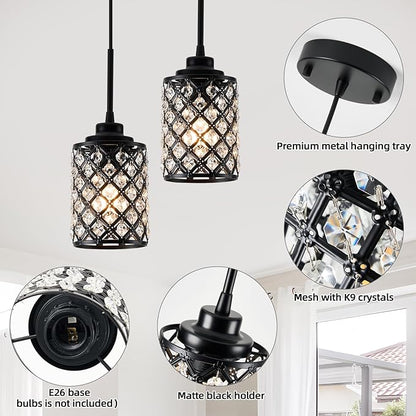 Small Pendant Light Fixtures,3-Pack Modern Pendant Lights Kitchen Island,Black Matte Finish Hanging Lighting K9 Crystal Mini Chandelier for Dining Room,Hallway,Bedroom,Foyer（3 Pack